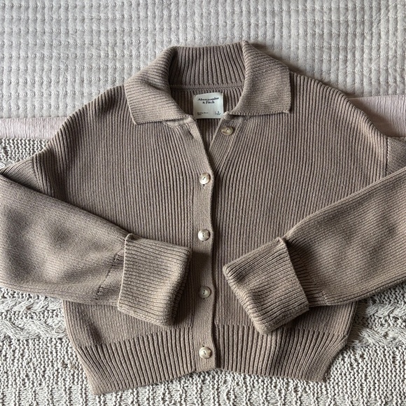 Abercrombie & Fitch Sweaters - Abercrombie & Fitch Taupe Ribbed Collared Button Cardigan w/ Cuffed Sleeves